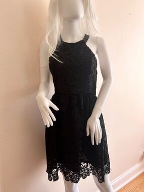 ASTR Black Lace Halter Fit & Flare Cocktail Dress – Edgy Romantic Night Out - M